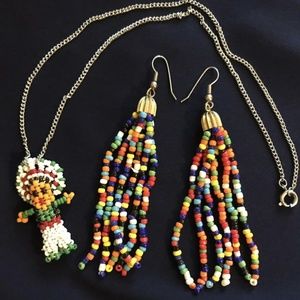 Aztec mexican beaded vintage necklace earrings